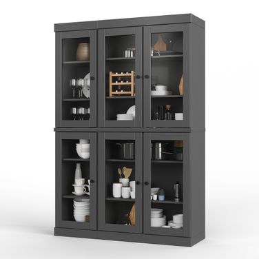 Solid Wood 48.5" Pantry China Cabinet With Clear Glass Doors And Adjustable Shelves In Gray