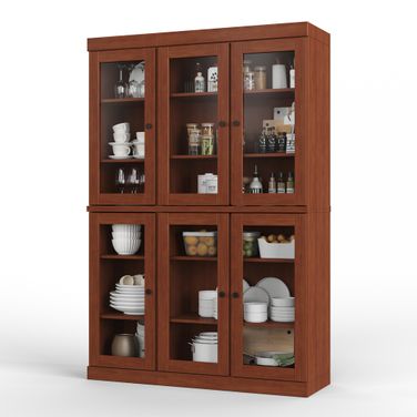 Solid Wood 48.5" Pantry China Cabinet With Clear Glass Doors And Adjustable Shelves In Mocha
