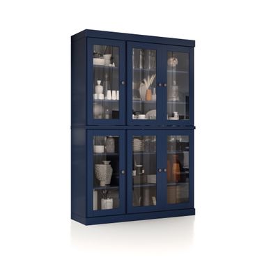 Solid Wood 48.5" Pantry China Cabinet With Clear Glass Doors And Adjustable Shelves In Navy Blue