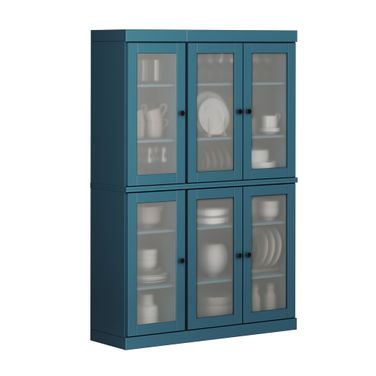Solid Wood 48.5" Pantry China Cabinet With Frosted Glass Doors And Adjustable Shelves In Teal Blue