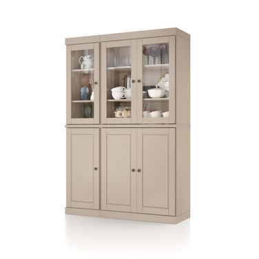 Solid Wood 48.5" Pantry China Cabinet With Raised Panel And Clear Glass Doors In Beige