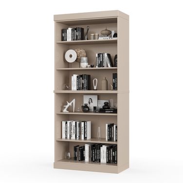 Solid Wood 6-Shelf Bookcase With Adjustable Shelves In Beige