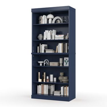 Solid Wood 6-Shelf Bookcase With Adjustable Shelves In Navy Blue