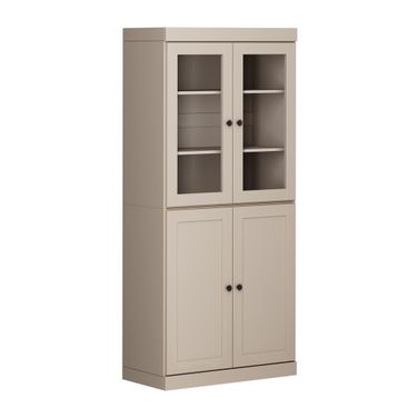 Solid Wood 6-Shelf Bookcase With Clear Glass And Shaker Doors In Beige