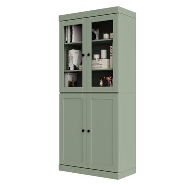 Solid Wood 6-Shelf Bookcase With Clear Glass And Shaker Doors In Sage