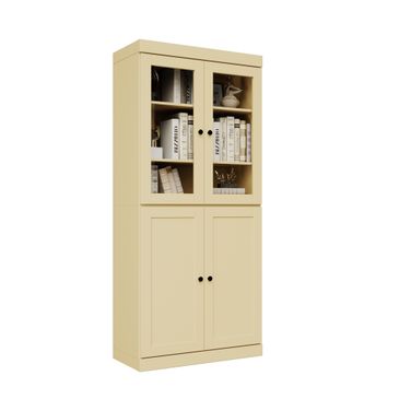Solid Wood 6-Shelf Bookcase With Clear Glass And Shaker Doors In Yellow