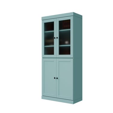 Solid Wood 6-Shelf Bookcase With Frosted Glass And Shaker Doors And Adjustable Shelves In Aqua