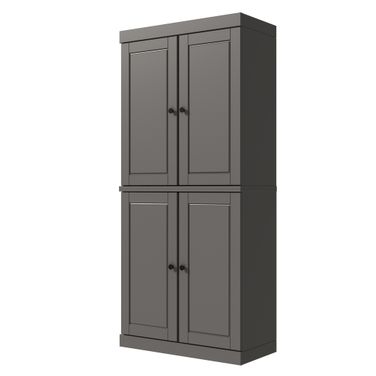Solid Wood 6-Shelf Bookcase With Raised Panel Doors And Adjustable Shelves In Gray