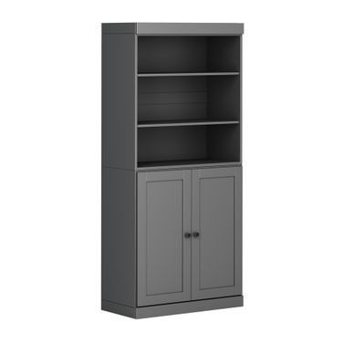 Solid Wood 6-Shelf Bookcase With Shaker Doors And Adjustable Shelves In Gray