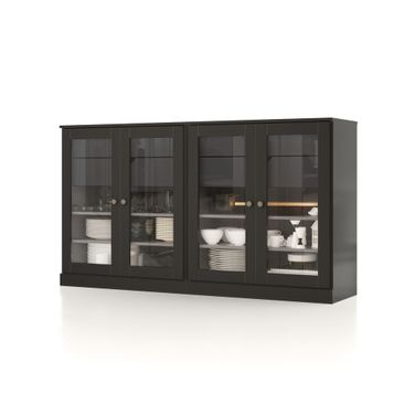 Solid Wood 64" Sideboard With Clear Glass Doors And 4-Drawers In Black