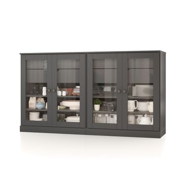 Solid Wood 64" Sideboard With Clear Glass Doors And 4-Drawers In Gray