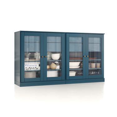 Solid Wood 64" Sideboard With Clear Glass Doors And 4-Drawers In Teal Blue