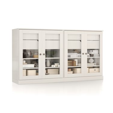 Solid Wood 64" Sideboard With Clear Glass Doors And 4-Drawers In White