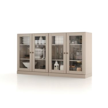 Solid Wood 64" Sideboard With Clear Glass Doors And Adjustable Shelves In Beige