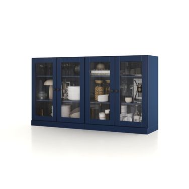 64 Inch Sideboard with Clear Glass Doors and Adjustable Shelves In Navy Blue