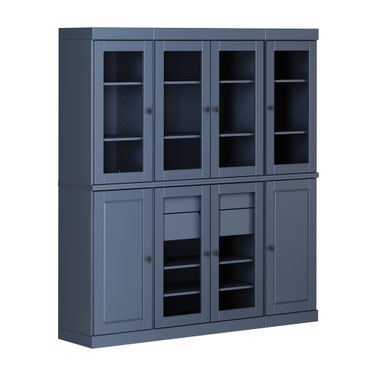 Solid Wood 65" Pantry China Cabinet With Clear Glass Doors And 2-Drawers In Antique Blue