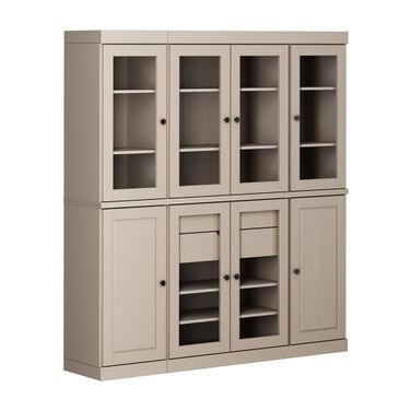 Solid Wood 65" Pantry China Cabinet With Clear Glass Doors And 2-Drawers In Beige