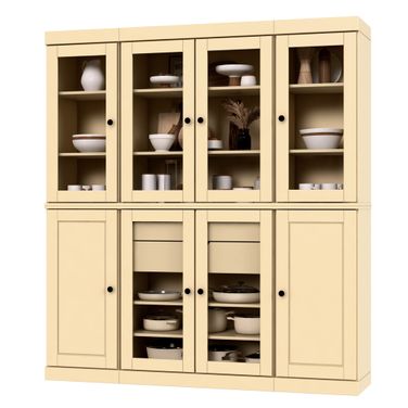 Solid Wood 65" Pantry China Cabinet With Clear Glass Doors And 2-Drawers In Yellow