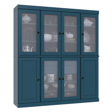 Solid Wood 65" Pantry China Cabinet With Frosted Glass Doors And 2-Drawers In Teal Blue