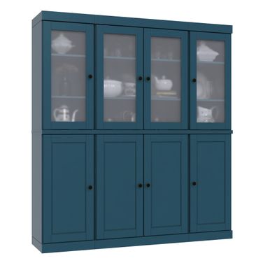 Solid Wood 65" Pantry China Cabinet With Frosted Glass Doors And 2-Drawers In Teal Blue