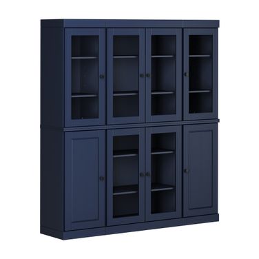 Solid Wood 65" Pantry China Cabinet With Raised Panel And Clear Glass Doors In Navy Blue