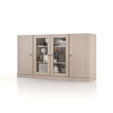 Solid Wood 65" Sideboard With Clear Glass And Shaker Doors In Beige