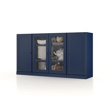 Solid Wood 65" Sideboard With Clear Glass And Shaker Doors In Navy Blue