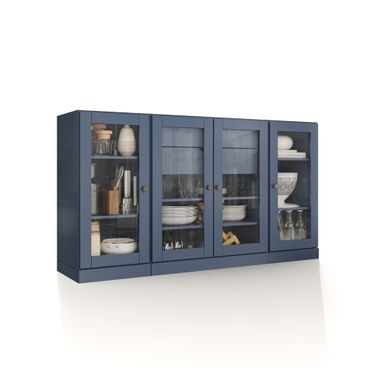 Solid Wood 65" Sideboard With Clear Glass Doors And 2-Drawers In Antique Blue