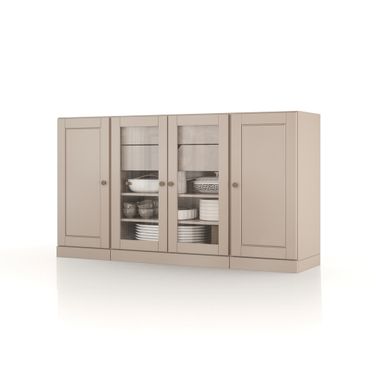 Solid Wood 65" Sideboard With Clear Glass Doors And 2-Drawers In Beige