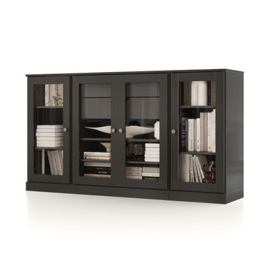 Solid Wood 65" Sideboard With Clear Glass Doors And 2-Drawers In Black
