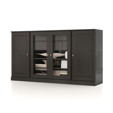 Solid Wood 65" Sideboard With Clear Glass Doors And 2-Drawers In Black