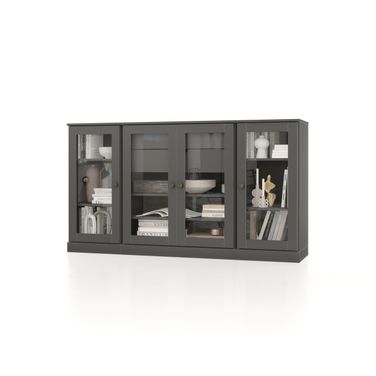 Solid Wood 65" Sideboard With Clear Glass Doors And 2-Drawers In Gray
