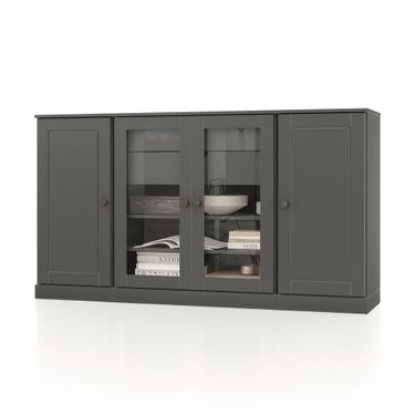 Solid Wood 65" Sideboard With Clear Glass Doors And 2-Drawers In Gray