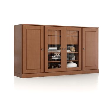 Solid Wood 65" Sideboard With Clear Glass Doors And 2-Drawers In Mocha