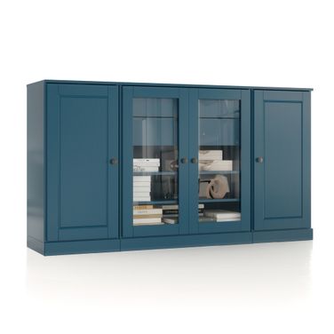 Solid Wood 65" Sideboard With Clear Glass Doors And 2-Drawers In Teal Blue