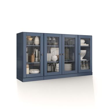 Solid Wood 65" Sideboard With Clear Glass Doors And Adjustable Shelves In Antique Blue