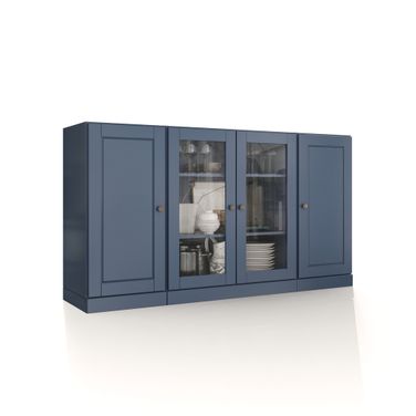 Solid Wood 65" Sideboard With Clear Glass Doors And Adjustable Shelves In Antique Blue