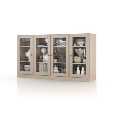 Solid Wood 65" Sideboard With Clear Glass Doors And Adjustable Shelves In Beige