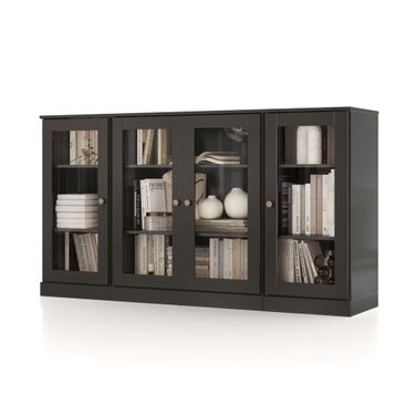 Solid Wood 65" Sideboard With Clear Glass Doors And Adjustable Shelves In Black