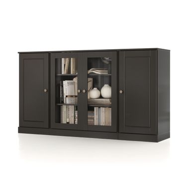 Solid Wood 65" Sideboard With Clear Glass Doors And Adjustable Shelves In Black