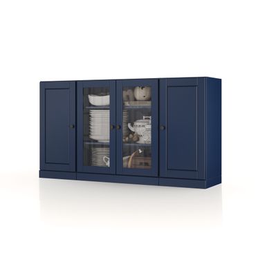 Solid Wood 65" Sideboard With Clear Glass Doors And Adjustable Shelves In Navy Blue