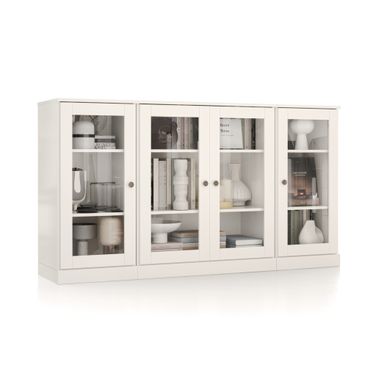 Solid Wood 65" Sideboard With Clear Glass Doors And Adjustable Shelves In White