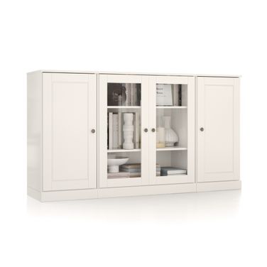 Solid Wood 65" Sideboard With Clear Glass Doors And Adjustable Shelves In White