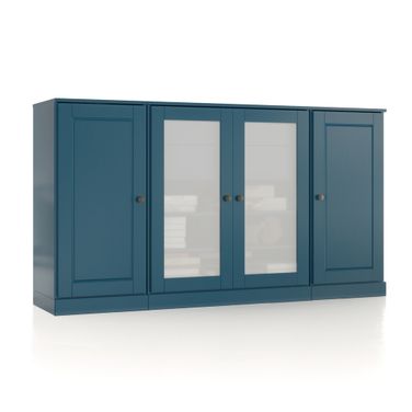 Solid Wood 65" Sideboard With Frosted Glass Doors And 2-Drawers In Teal Blue