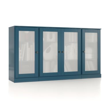 Solid Wood 65" Sideboard With Frosted Glass Doors And Adjustable Shelves In Teal Blue