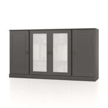 Solid Wood 65" Sideboard With Raised Panel And Frosted Glass Doors In Gray