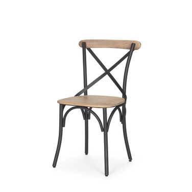 Solid Wood and Iron Cross Back Dining Side Chair In Light Brown and Black