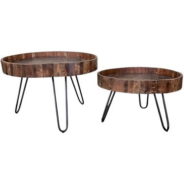 Solid Wood and Iron Round End Tables Set of 2 In Natural Brown and Black