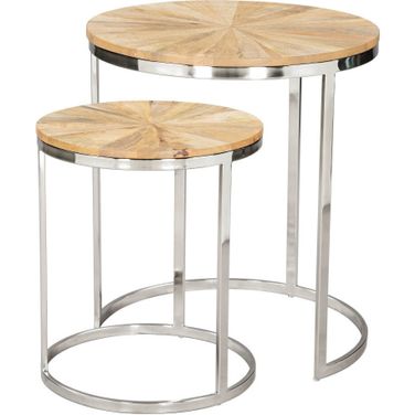 Solid Wood and Iron Round Frame Nested Tables Set of 2 In Natural and Silver