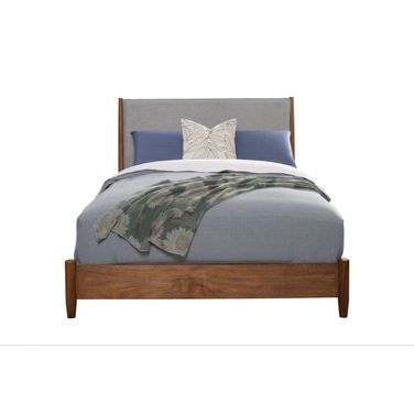 Solid Wood and Linen California King Bed Frame In Brown and Gray